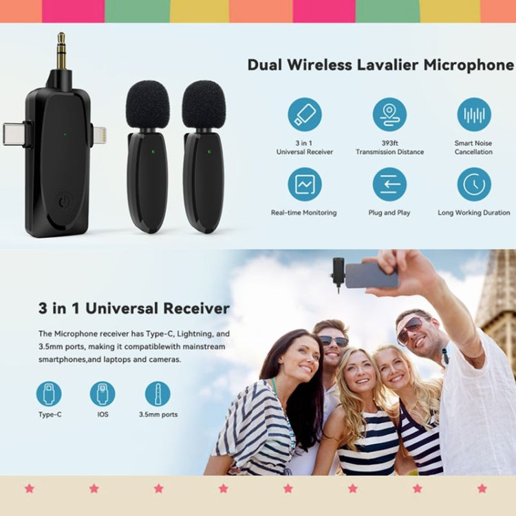 3 in 1 Mini kabellose Lavalier-Mikrofone für iPhone / Android / Kamera mit Geräuschreduktionsfunktion, Eins zu Zwei