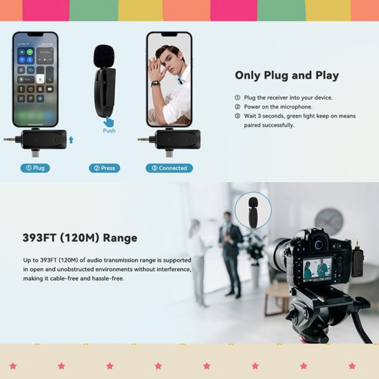 3 in 1 Mini kabellose Lavalier-Mikrofone für iPhone / Android / Kamera mit Geräuschreduktionsfunktion, Eins zu Zwei