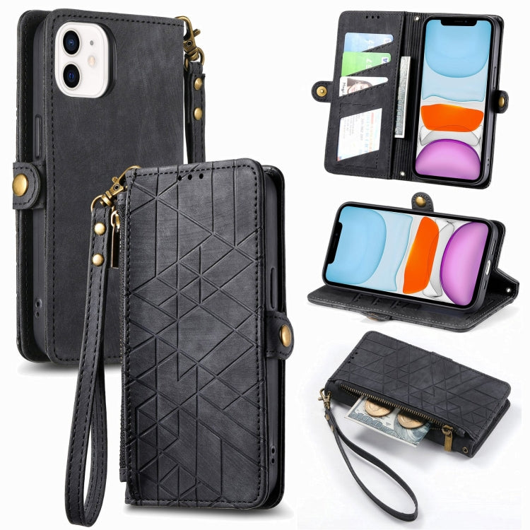 Geometrische Reißverschluss-Brieftaschen-Handyhülle aus Leder mit seitlicher Schnalle, für iPhone 11, für iPhone 11 Pro, für iPhone X / XS, für iPhone XR, für iPhone XS Max, für iPhone 7 Plus / 8 Plus, für iPhone 6 Plus / 6s Plus, für iPhone 6 / 6s