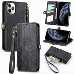 Geometrische Reißverschluss-Brieftaschen-Handyhülle aus Leder mit seitlicher Schnalle, für iPhone 11, für iPhone 11 Pro, für iPhone X / XS, für iPhone XR, für iPhone XS Max, für iPhone 7 Plus / 8 Plus, für iPhone 6 Plus / 6s Plus, für iPhone 6 / 6s
