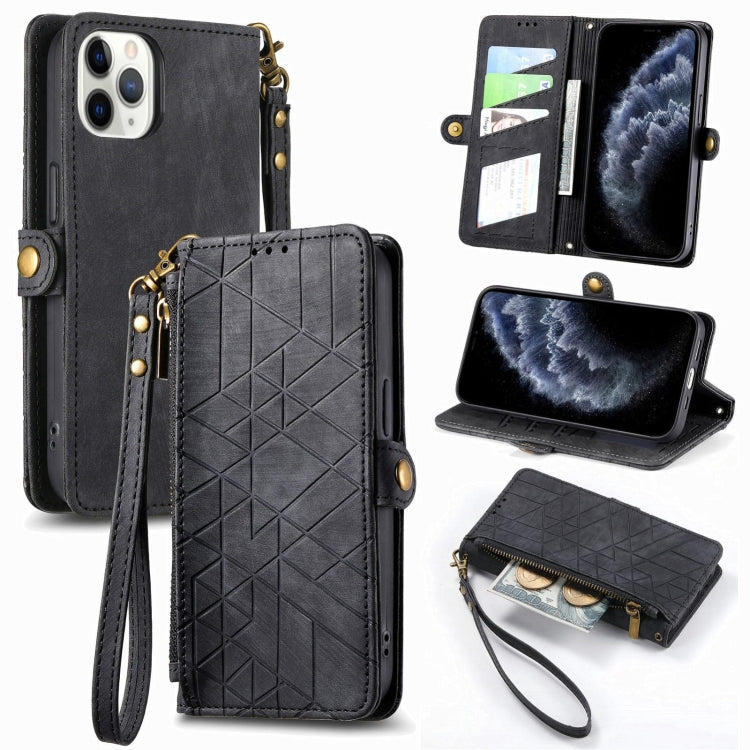 Geometrische Reißverschluss-Brieftaschen-Handyhülle aus Leder mit seitlicher Schnalle, für iPhone 11, für iPhone 11 Pro, für iPhone X / XS, für iPhone XR, für iPhone XS Max, für iPhone 7 Plus / 8 Plus, für iPhone 6 Plus / 6s Plus, für iPhone 6 / 6s
