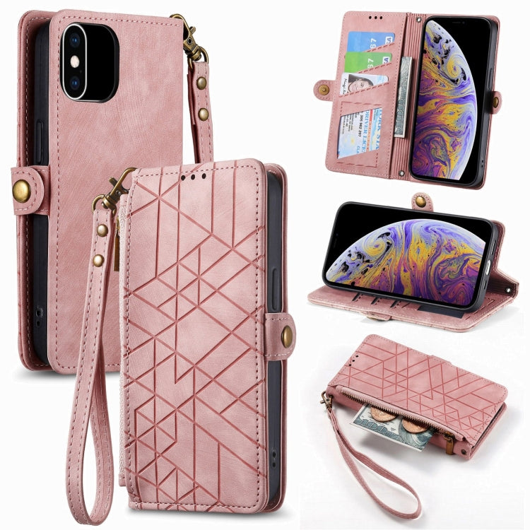 Geometrische Reißverschluss-Brieftaschen-Handyhülle aus Leder mit seitlicher Schnalle, für iPhone 11, für iPhone 11 Pro, für iPhone X / XS, für iPhone XR, für iPhone XS Max, für iPhone 7 Plus / 8 Plus, für iPhone 6 Plus / 6s Plus, für iPhone 6 / 6s