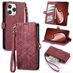 Geometrische Reißverschluss-Brieftasche Seiten-Schnalle Leder Handyhülle, Für iPhone 17e / 16e, Für iPhone 17 Pro Max, Für iPhone 17 Pro, Für iPhone 17, Für iPhone Air, Für iPhone 16 Pro Max, Für iPhone 16 Pro, Für iPhone 16 Plus