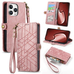 Geometrische Reißverschluss-Brieftasche Seiten-Schnalle Leder Handyhülle, Für iPhone 17e / 16e, Für iPhone 17 Pro Max, Für iPhone 17 Pro, Für iPhone 17, Für iPhone Air, Für iPhone 16 Pro Max, Für iPhone 16 Pro, Für iPhone 16 Plus
