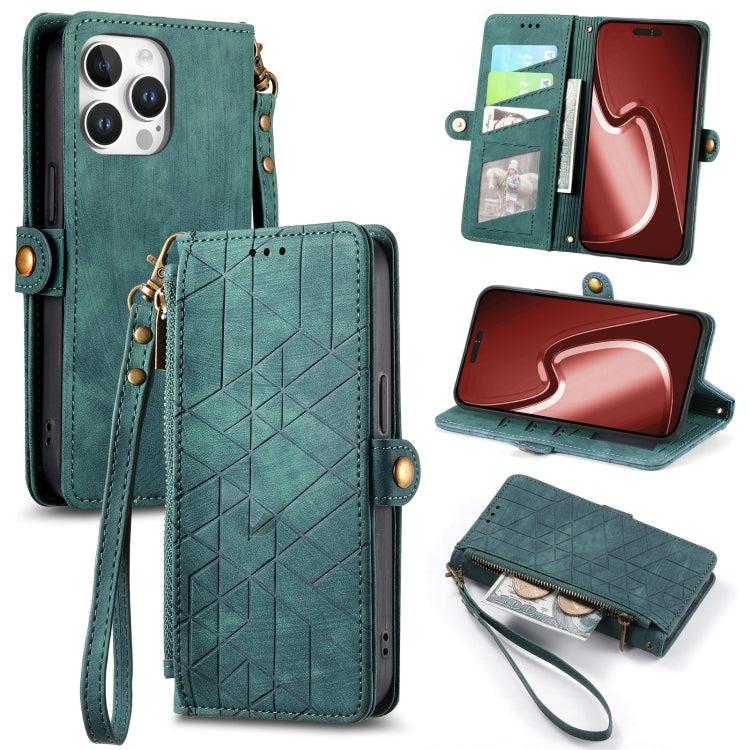 Geometrische Reißverschluss-Brieftasche Seiten-Schnalle Leder Handyhülle, Für iPhone 17e / 16e, Für iPhone 17 Pro Max, Für iPhone 17 Pro, Für iPhone 17, Für iPhone Air, Für iPhone 16 Pro Max, Für iPhone 16 Pro, Für iPhone 16 Plus