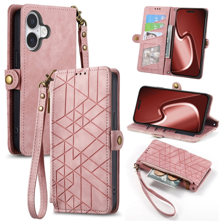 Geometrische Reißverschluss-Brieftasche Seiten-Schnalle Leder Handyhülle, Für iPhone 17e / 16e, Für iPhone 17 Pro Max, Für iPhone 17 Pro, Für iPhone 17, Für iPhone Air, Für iPhone 16 Pro Max, Für iPhone 16 Pro, Für iPhone 16 Plus