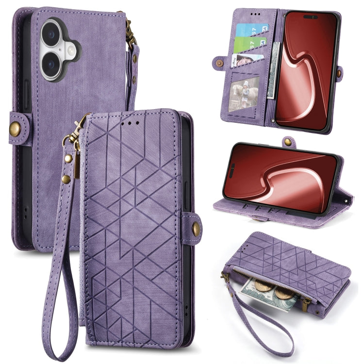 Geometrische Reißverschluss-Brieftasche Seiten-Schnalle Leder Handyhülle, Für iPhone 17e / 16e, Für iPhone 17 Pro Max, Für iPhone 17 Pro, Für iPhone 17, Für iPhone Air, Für iPhone 16 Pro Max, Für iPhone 16 Pro, Für iPhone 16 Plus