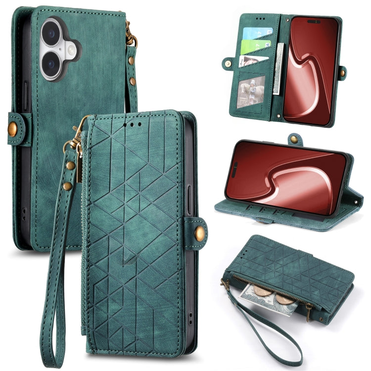 Geometrische Reißverschluss-Brieftasche Seiten-Schnalle Leder Handyhülle, Für iPhone 17e / 16e, Für iPhone 17 Pro Max, Für iPhone 17 Pro, Für iPhone 17, Für iPhone Air, Für iPhone 16 Pro Max, Für iPhone 16 Pro, Für iPhone 16 Plus