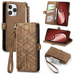 Geometrische Reißverschluss-Brieftasche Seiten-Schnalle Leder Handyhülle, Für iPhone 17e / 16e, Für iPhone 17 Pro Max, Für iPhone 17 Pro, Für iPhone 17, Für iPhone Air, Für iPhone 16 Pro Max, Für iPhone 16 Pro, Für iPhone 16 Plus