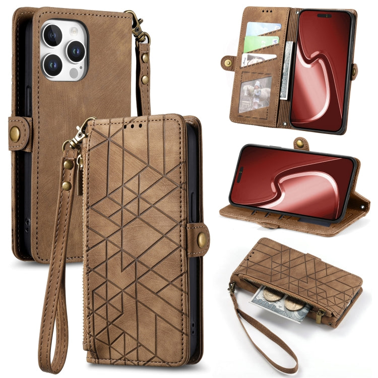 Geometrische Reißverschluss-Brieftasche Seiten-Schnalle Leder Handyhülle, Für iPhone 17e / 16e, Für iPhone 17 Pro Max, Für iPhone 17 Pro, Für iPhone 17, Für iPhone Air, Für iPhone 16 Pro Max, Für iPhone 16 Pro, Für iPhone 16 Plus