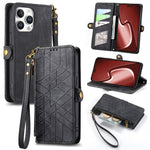 Geometrische Reißverschluss-Brieftasche Seiten-Schnalle Leder Handyhülle, Für iPhone 17e / 16e, Für iPhone 17 Pro Max, Für iPhone 17 Pro, Für iPhone 17, Für iPhone Air, Für iPhone 16 Pro Max, Für iPhone 16 Pro, Für iPhone 16 Plus