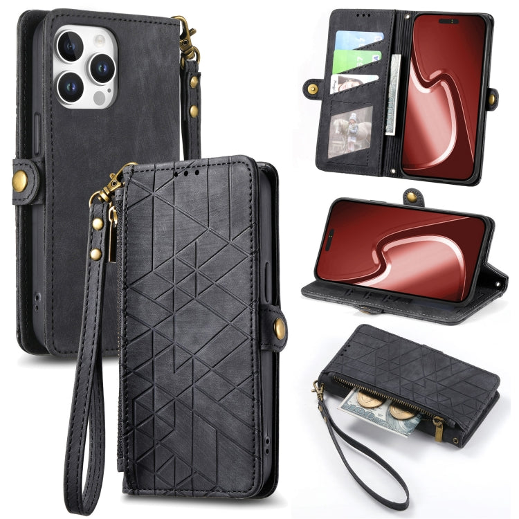 Geometrische Reißverschluss-Brieftasche Seiten-Schnalle Leder Handyhülle, Für iPhone 17e / 16e, Für iPhone 17 Pro Max, Für iPhone 17 Pro, Für iPhone 17, Für iPhone Air, Für iPhone 16 Pro Max, Für iPhone 16 Pro, Für iPhone 16 Plus