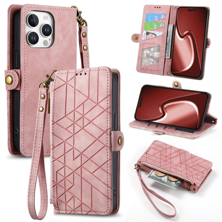 Geometrische Reißverschluss-Brieftasche Seiten-Schnalle Leder Handyhülle, Für iPhone 17e / 16e, Für iPhone 17 Pro Max, Für iPhone 17 Pro, Für iPhone 17, Für iPhone Air, Für iPhone 16 Pro Max, Für iPhone 16 Pro, Für iPhone 16 Plus