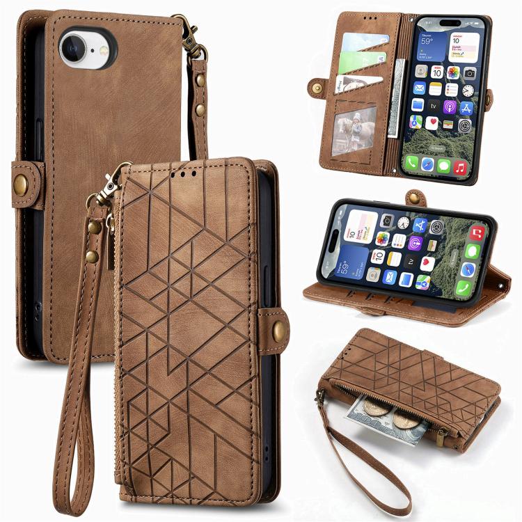 Geometrische Reißverschluss-Brieftasche Seiten-Schnalle Leder Handyhülle, Für iPhone 17e / 16e, Für iPhone 17 Pro Max, Für iPhone 17 Pro, Für iPhone 17, Für iPhone Air, Für iPhone 16 Pro Max, Für iPhone 16 Pro, Für iPhone 16 Plus