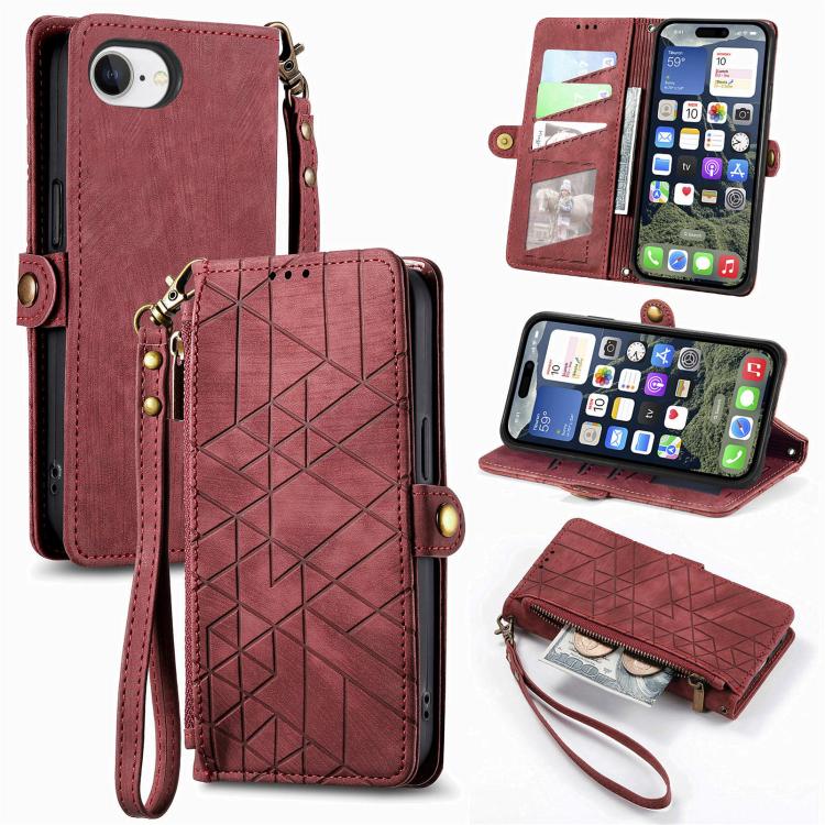 Geometrische Reißverschluss-Brieftasche Seiten-Schnalle Leder Handyhülle, Für iPhone 17e / 16e, Für iPhone 17 Pro Max, Für iPhone 17 Pro, Für iPhone 17, Für iPhone Air, Für iPhone 16 Pro Max, Für iPhone 16 Pro, Für iPhone 16 Plus
