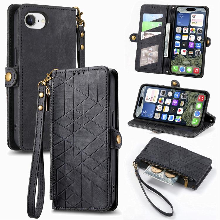 Geometrische Reißverschluss-Brieftasche Seiten-Schnalle Leder Handyhülle, Für iPhone 17e / 16e, Für iPhone 17 Pro Max, Für iPhone 17 Pro, Für iPhone 17, Für iPhone Air, Für iPhone 16 Pro Max, Für iPhone 16 Pro, Für iPhone 16 Plus