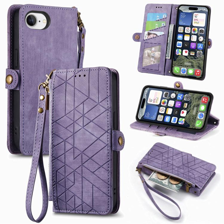 Geometrische Reißverschluss-Brieftasche Seiten-Schnalle Leder Handyhülle, Für iPhone 17e / 16e, Für iPhone 17 Pro Max, Für iPhone 17 Pro, Für iPhone 17, Für iPhone Air, Für iPhone 16 Pro Max, Für iPhone 16 Pro, Für iPhone 16 Plus