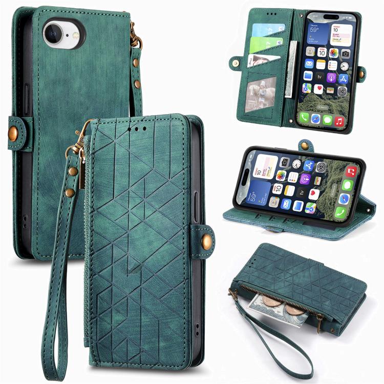 Geometrische Reißverschluss-Brieftasche Seiten-Schnalle Leder Handyhülle, Für iPhone 17e / 16e, Für iPhone 17 Pro Max, Für iPhone 17 Pro, Für iPhone 17, Für iPhone Air, Für iPhone 16 Pro Max, Für iPhone 16 Pro, Für iPhone 16 Plus