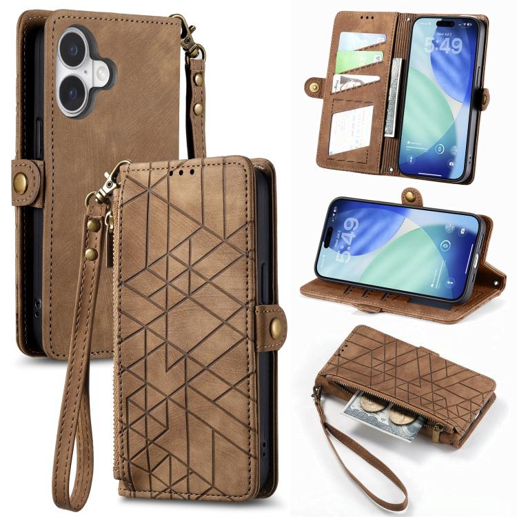 Geometrische Reißverschluss-Brieftasche Seiten-Schnalle Leder Handyhülle, Für iPhone 17e / 16e, Für iPhone 17 Pro Max, Für iPhone 17 Pro, Für iPhone 17, Für iPhone Air, Für iPhone 16 Pro Max, Für iPhone 16 Pro, Für iPhone 16 Plus