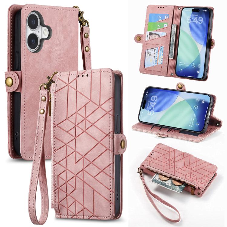 Geometrische Reißverschluss-Brieftasche Seiten-Schnalle Leder Handyhülle, Für iPhone 17e / 16e, Für iPhone 17 Pro Max, Für iPhone 17 Pro, Für iPhone 17, Für iPhone Air, Für iPhone 16 Pro Max, Für iPhone 16 Pro, Für iPhone 16 Plus