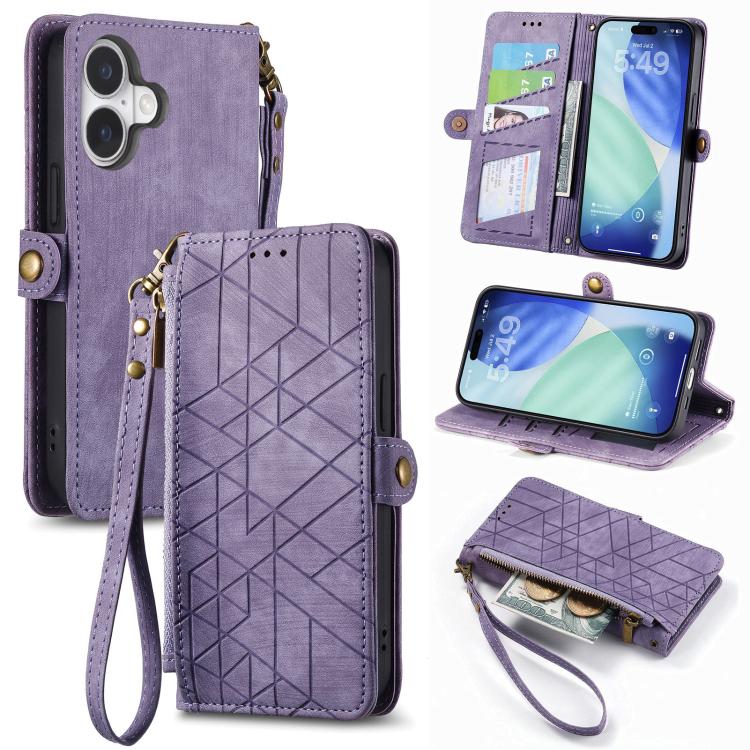 Geometrische Reißverschluss-Brieftasche Seiten-Schnalle Leder Handyhülle, Für iPhone 17e / 16e, Für iPhone 17 Pro Max, Für iPhone 17 Pro, Für iPhone 17, Für iPhone Air, Für iPhone 16 Pro Max, Für iPhone 16 Pro, Für iPhone 16 Plus