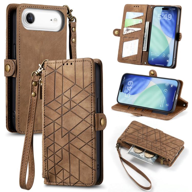 Geometrische Reißverschluss-Brieftasche Seiten-Schnalle Leder Handyhülle, Für iPhone 17e / 16e, Für iPhone 17 Pro Max, Für iPhone 17 Pro, Für iPhone 17, Für iPhone Air, Für iPhone 16 Pro Max, Für iPhone 16 Pro, Für iPhone 16 Plus