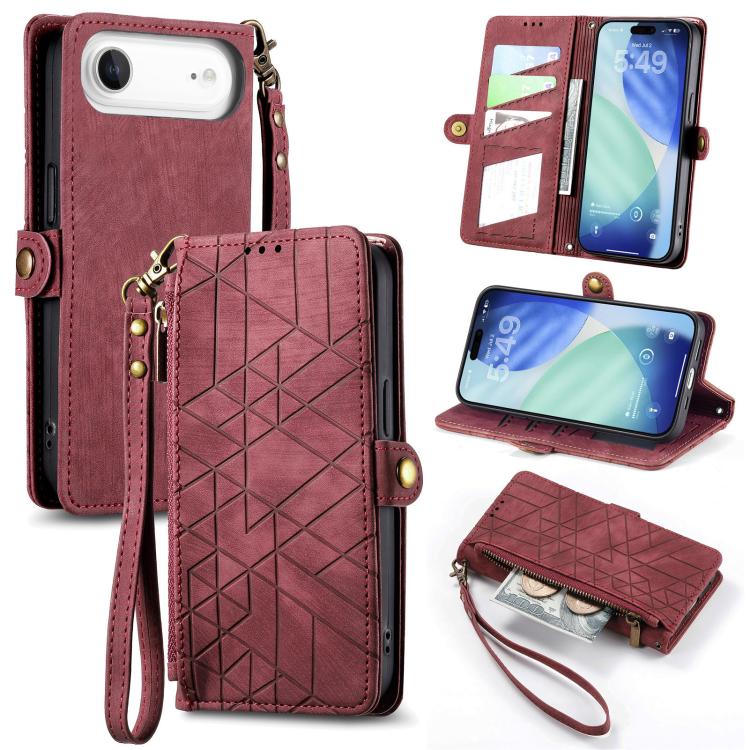Geometrische Reißverschluss-Brieftasche Seiten-Schnalle Leder Handyhülle, Für iPhone 17e / 16e, Für iPhone 17 Pro Max, Für iPhone 17 Pro, Für iPhone 17, Für iPhone Air, Für iPhone 16 Pro Max, Für iPhone 16 Pro, Für iPhone 16 Plus