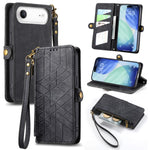 Geometrische Reißverschluss-Brieftasche Seiten-Schnalle Leder Handyhülle, Für iPhone 17e / 16e, Für iPhone 17 Pro Max, Für iPhone 17 Pro, Für iPhone 17, Für iPhone Air, Für iPhone 16 Pro Max, Für iPhone 16 Pro, Für iPhone 16 Plus