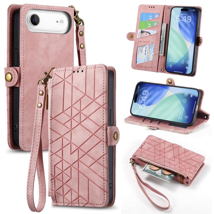 Geometrische Reißverschluss-Brieftasche Seiten-Schnalle Leder Handyhülle, Für iPhone 17e / 16e, Für iPhone 17 Pro Max, Für iPhone 17 Pro, Für iPhone 17, Für iPhone Air, Für iPhone 16 Pro Max, Für iPhone 16 Pro, Für iPhone 16 Plus