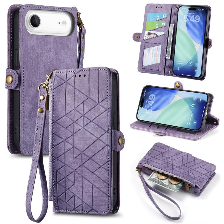 Geometrische Reißverschluss-Brieftasche Seiten-Schnalle Leder Handyhülle, Für iPhone 17e / 16e, Für iPhone 17 Pro Max, Für iPhone 17 Pro, Für iPhone 17, Für iPhone Air, Für iPhone 16 Pro Max, Für iPhone 16 Pro, Für iPhone 16 Plus