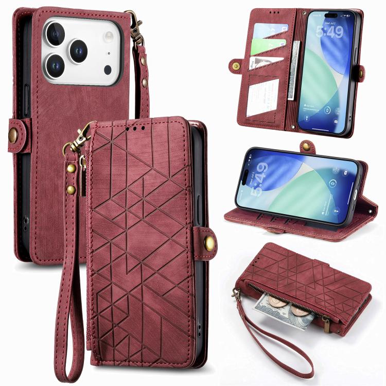 Geometrische Reißverschluss-Brieftasche Seiten-Schnalle Leder Handyhülle, Für iPhone 17e / 16e, Für iPhone 17 Pro Max, Für iPhone 17 Pro, Für iPhone 17, Für iPhone Air, Für iPhone 16 Pro Max, Für iPhone 16 Pro, Für iPhone 16 Plus