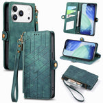 Geometrische Reißverschluss-Brieftasche Seiten-Schnalle Leder Handyhülle, Für iPhone 17e / 16e, Für iPhone 17 Pro Max, Für iPhone 17 Pro, Für iPhone 17, Für iPhone Air, Für iPhone 16 Pro Max, Für iPhone 16 Pro, Für iPhone 16 Plus