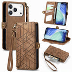 Geometrische Reißverschluss-Brieftasche Seiten-Schnalle Leder Handyhülle, Für iPhone 17e / 16e, Für iPhone 17 Pro Max, Für iPhone 17 Pro, Für iPhone 17, Für iPhone Air, Für iPhone 16 Pro Max, Für iPhone 16 Pro, Für iPhone 16 Plus