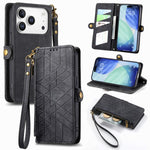 Geometrische Reißverschluss-Brieftasche Seiten-Schnalle Leder Handyhülle, Für iPhone 17e / 16e, Für iPhone 17 Pro Max, Für iPhone 17 Pro, Für iPhone 17, Für iPhone Air, Für iPhone 16 Pro Max, Für iPhone 16 Pro, Für iPhone 16 Plus