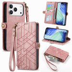 Geometrische Reißverschluss-Brieftasche Seiten-Schnalle Leder Handyhülle, Für iPhone 17e / 16e, Für iPhone 17 Pro Max, Für iPhone 17 Pro, Für iPhone 17, Für iPhone Air, Für iPhone 16 Pro Max, Für iPhone 16 Pro, Für iPhone 16 Plus