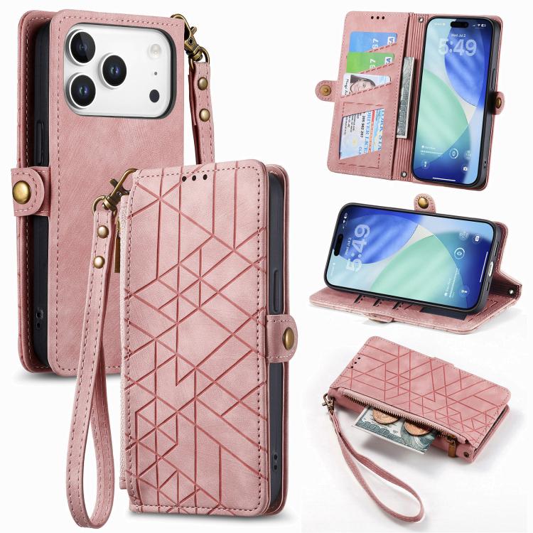 Geometrische Reißverschluss-Brieftasche Seiten-Schnalle Leder Handyhülle, Für iPhone 17e / 16e, Für iPhone 17 Pro Max, Für iPhone 17 Pro, Für iPhone 17, Für iPhone Air, Für iPhone 16 Pro Max, Für iPhone 16 Pro, Für iPhone 16 Plus