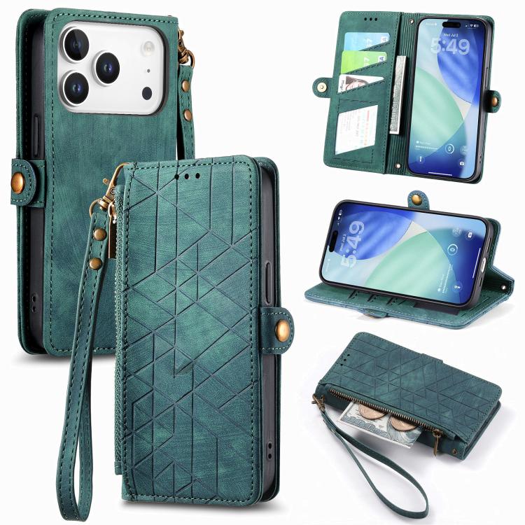 Geometrische Reißverschluss-Brieftasche Seiten-Schnalle Leder Handyhülle, Für iPhone 17e / 16e, Für iPhone 17 Pro Max, Für iPhone 17 Pro, Für iPhone 17, Für iPhone Air, Für iPhone 16 Pro Max, Für iPhone 16 Pro, Für iPhone 16 Plus
