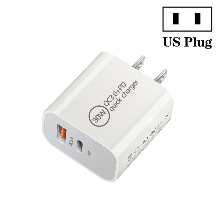 PD30W USB-C / Typ-C + QC3.0 USB Dual-Port-Ladegerät, EU-Stecker, US-Stecker, AU-Stecker