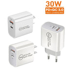 PD30W USB-C / Typ-C + QC3.0 USB Dual-Port-Ladegerät, EU-Stecker, US-Stecker, AU-Stecker
