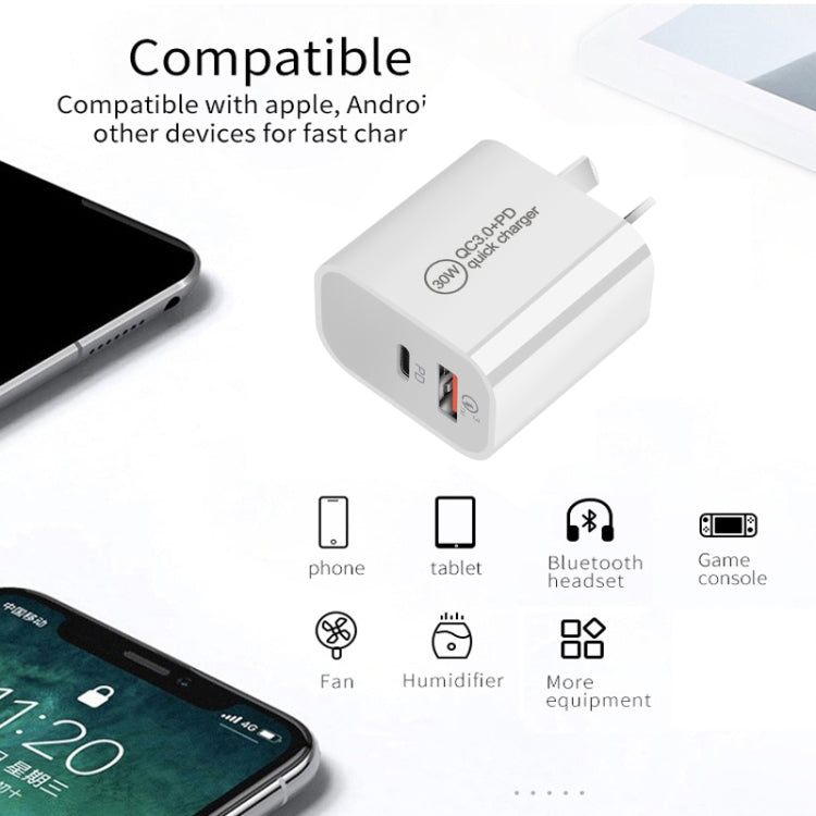 PD30W USB-C / Typ-C + QC3.0 USB Dual-Port-Ladegerät, EU-Stecker, US-Stecker, AU-Stecker