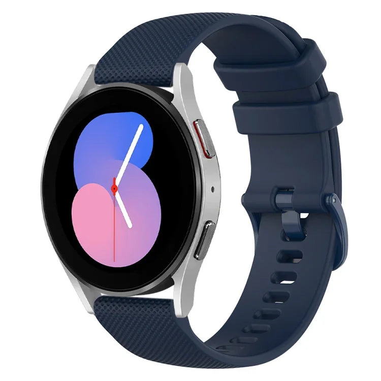 20mm silicone watch band for Samsung Galaxy Watch 5 displayed on a navy blue watch with colorful watch face.