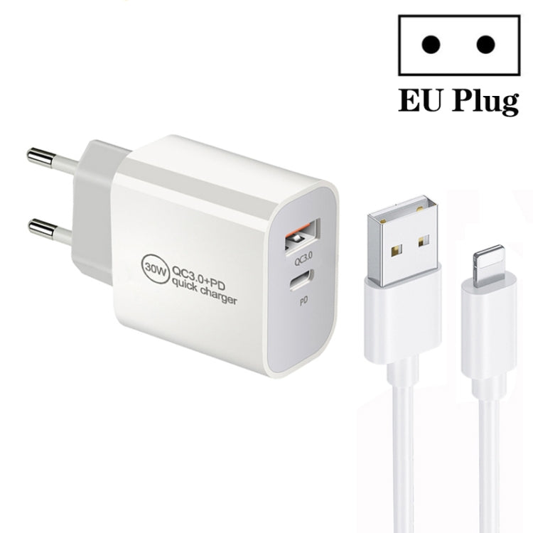 PD30W USB-C / Type-C + QC3.0 USB Dual Port Ladegerät mit 1m USB auf 8 Pin Datenkabel, EU Stecker, US Stecker, AU Stecker