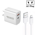 PD30W USB-C / Type-C + QC3.0 USB Dual Port Ladegerät mit 1m USB auf 8 Pin Datenkabel, EU Stecker, US Stecker, AU Stecker