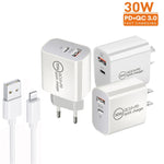 PD30W USB-C / Type-C + QC3.0 USB Dual Port Ladegerät mit 1m USB auf 8 Pin Datenkabel, EU Stecker, US Stecker, AU Stecker