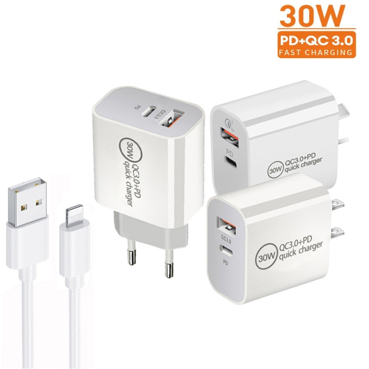 PD30W USB-C / Type-C + QC3.0 USB Dual Port Ladegerät mit 1m USB auf 8 Pin Datenkabel, EU Stecker, US Stecker, AU Stecker