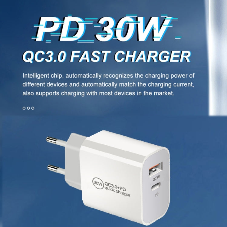 PD30W USB-C / Type-C + QC3.0 USB Dual Port Ladegerät mit 1m USB auf 8 Pin Datenkabel, EU Stecker, US Stecker, AU Stecker