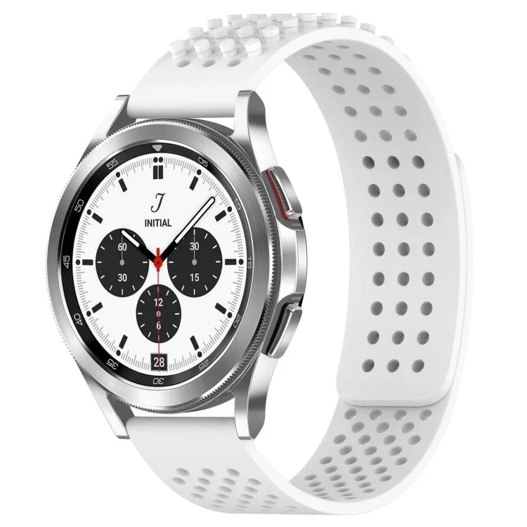 breathable silicone watch band for Galaxy Watch in white, featuring a 3D dots design and compatible with Samsung Galaxy Watch models.