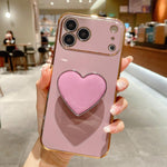 Galvanisierte Liebesherz-Halterung TPU Handyhülle, Für iPhone 17e / 16e, Für iPhone 17 Pro Max, Für iPhone 17 Pro, Für iPhone 17, Für iPhone Air, Für iPhone 16 Pro Max, Für iPhone 16 Pro, Für iPhone 16 Plus