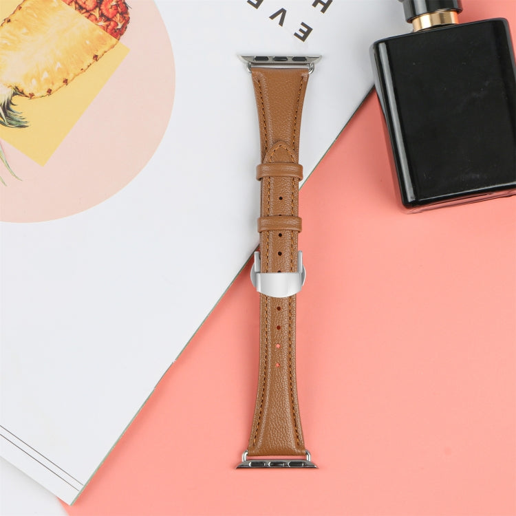 Plain Leather Butterfly Buckle Watch Band, For Apple Watch Series 6 40mm, For Apple Watch Series 6 44mm, For Apple Watch Series 5 44mm, For Apple Watch Series 5 40mm