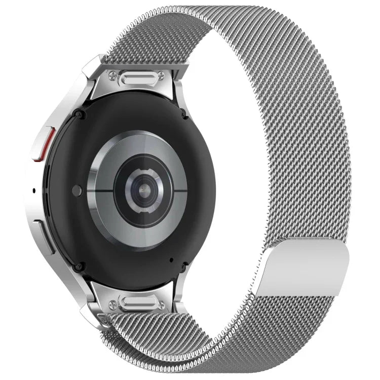 stainless steel magnetic watch band for Galaxy Watch, showing the underside and mesh design of the band.